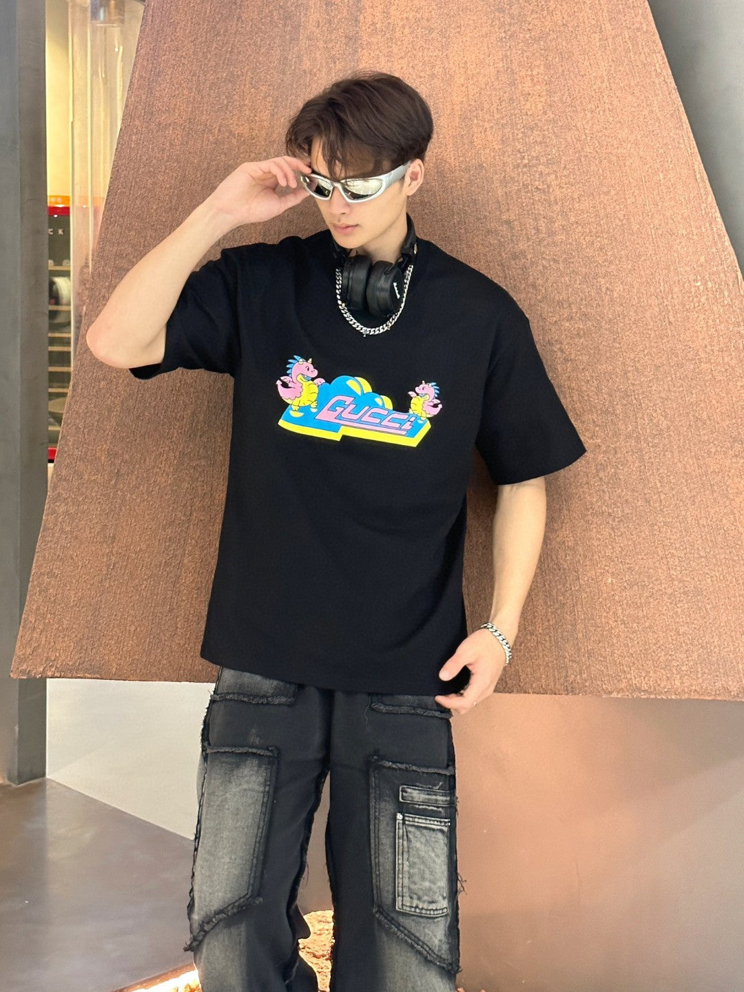 Gucci Black T-Shirt with Pink Dinosaur Graphic