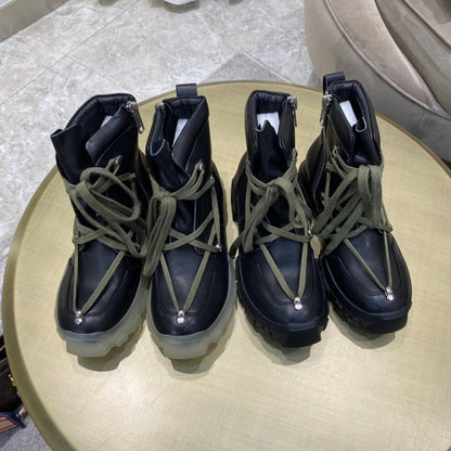 Rick Owens Combat Boots - Black Leather with Olive Laces and Translucent Sole