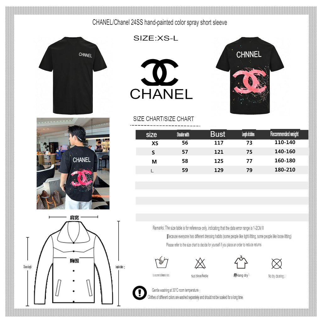 Chanel Pink Splash Logo Black T-Shirt