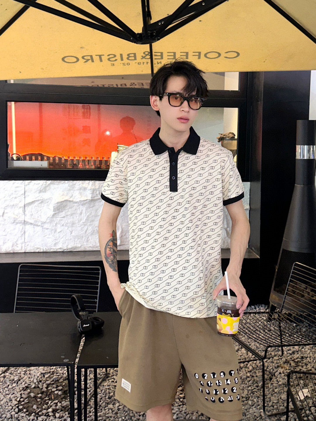 Gucci Beige and Black Patterned Polo Shirt