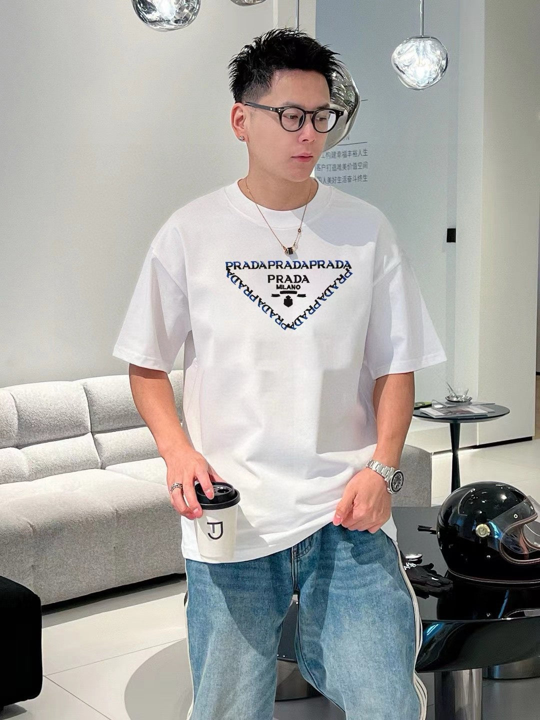 Prada White T-Shirt with Logo Design