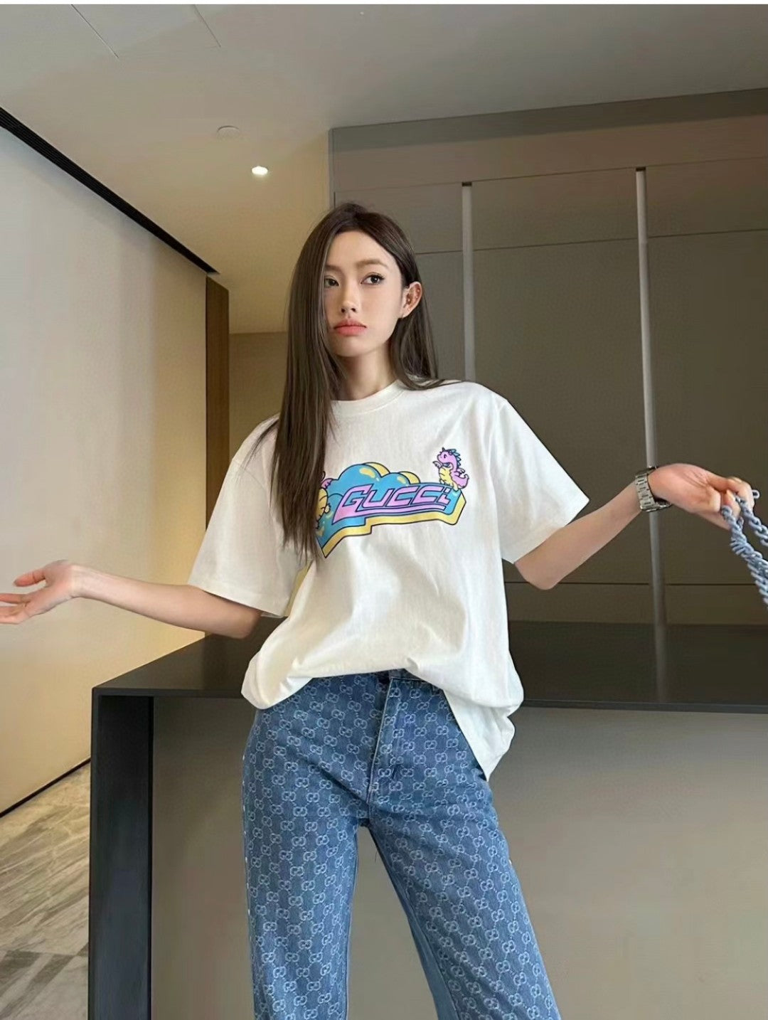 Gucci White T-Shirt with Pink Dinosaur Graphic