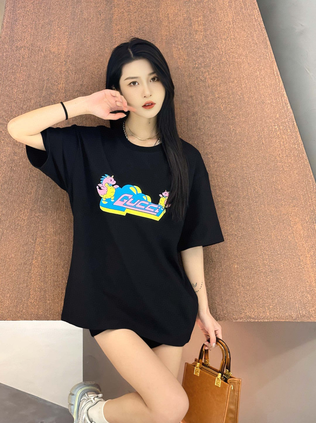 Gucci Black T-Shirt with Pink Dinosaur Graphic