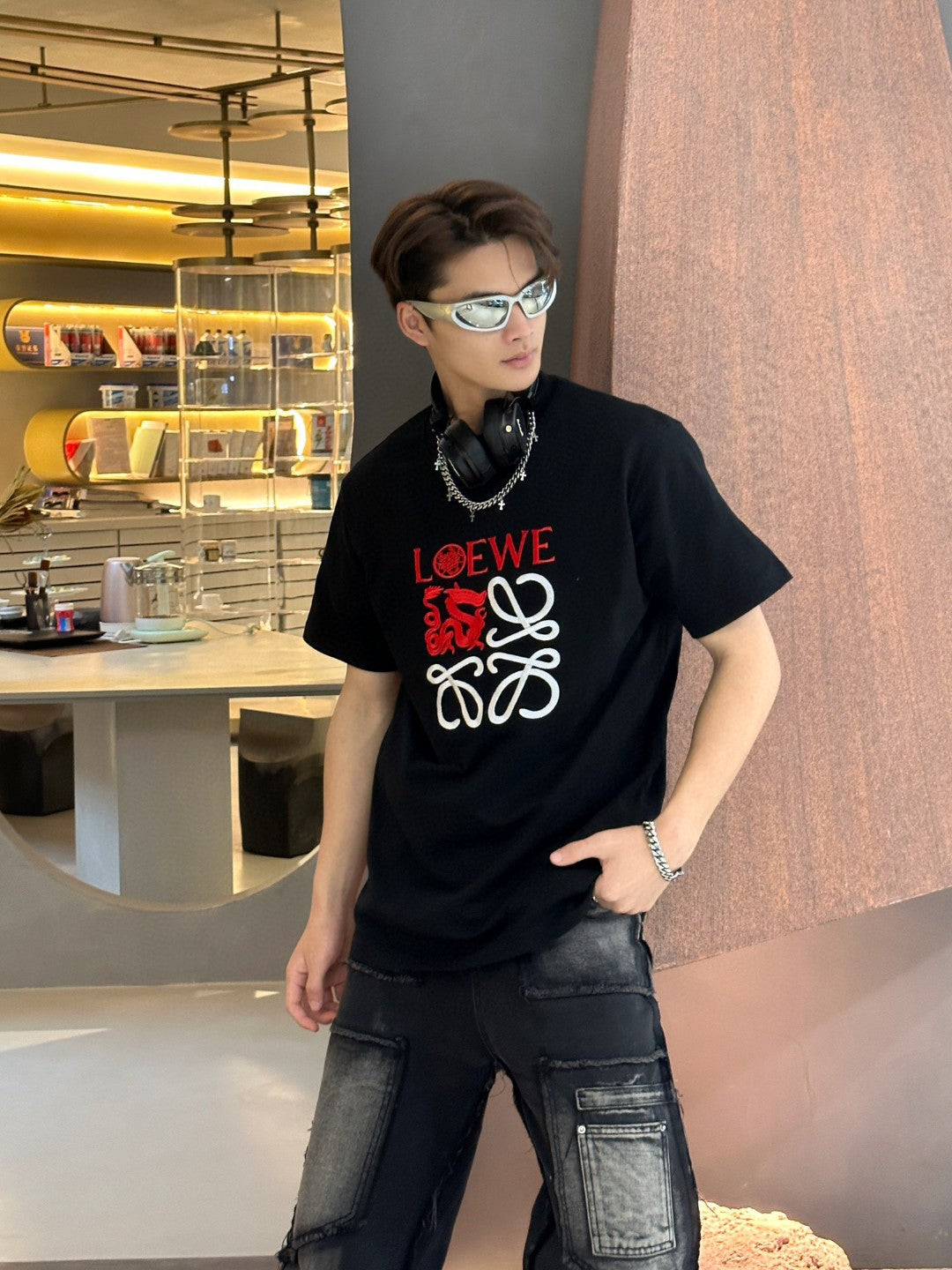 Loewe Black T-Shirt with Red and White Logo