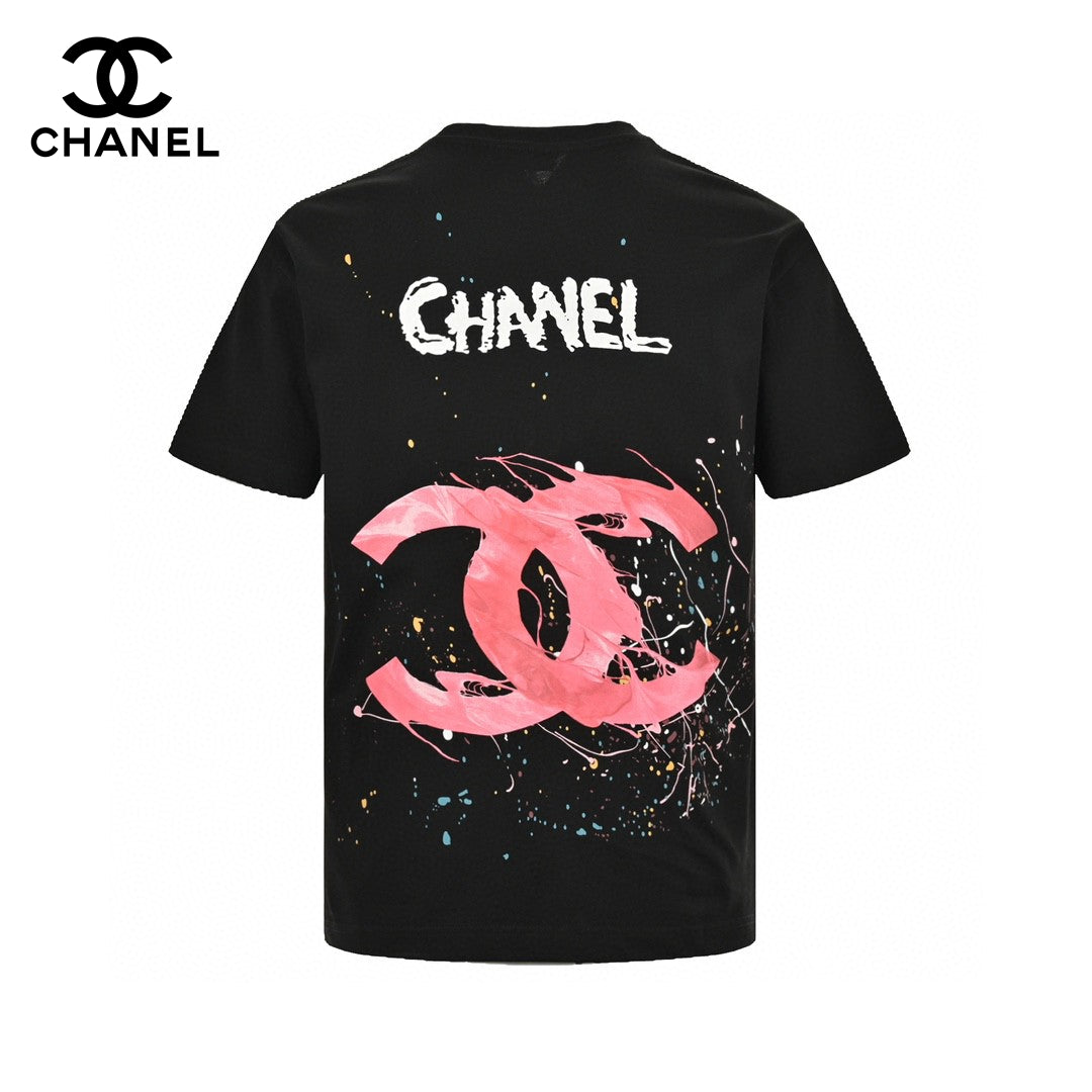 Chanel Pink Splash Logo Black T-Shirt