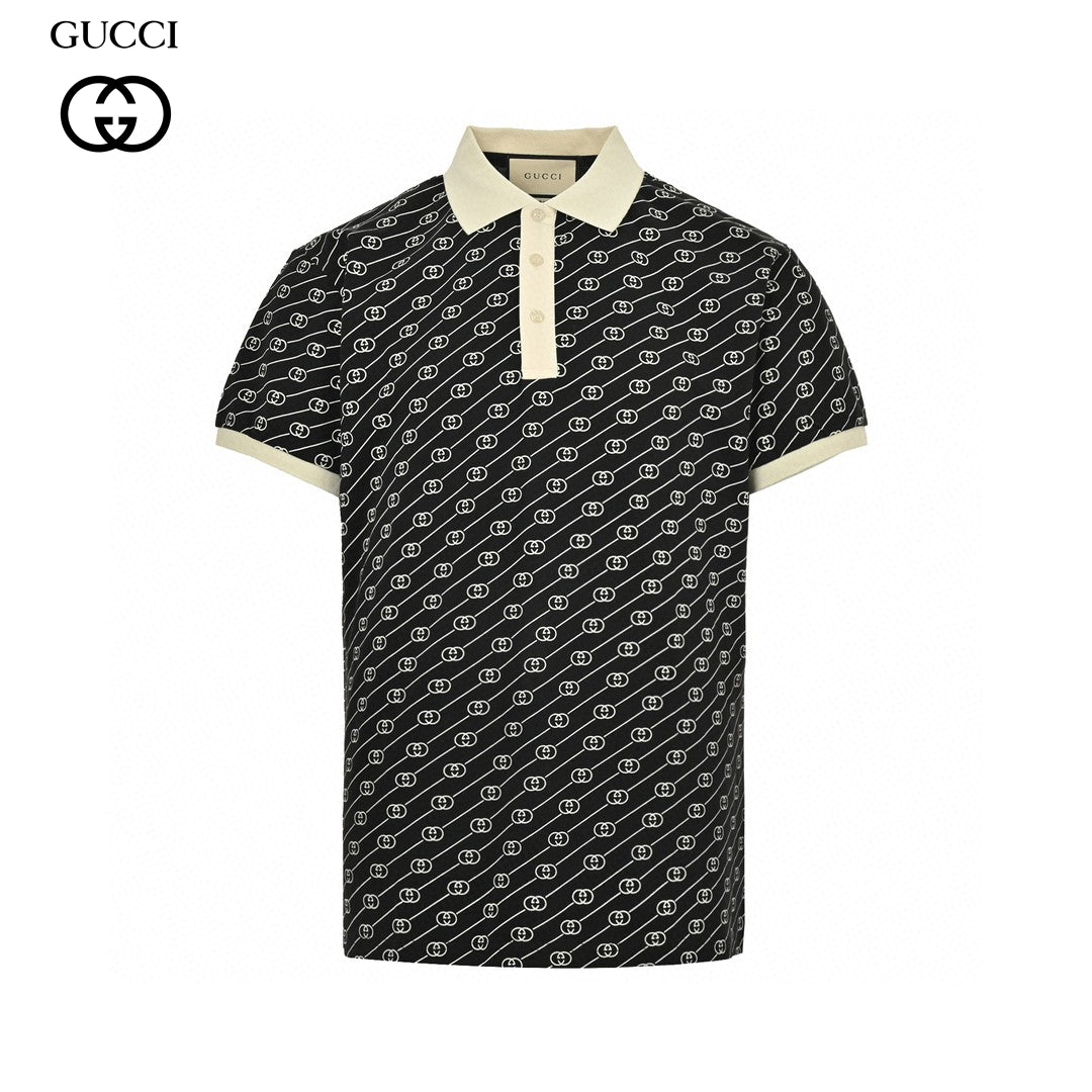 Gucci Black and Beige Patterned Polo Shirt