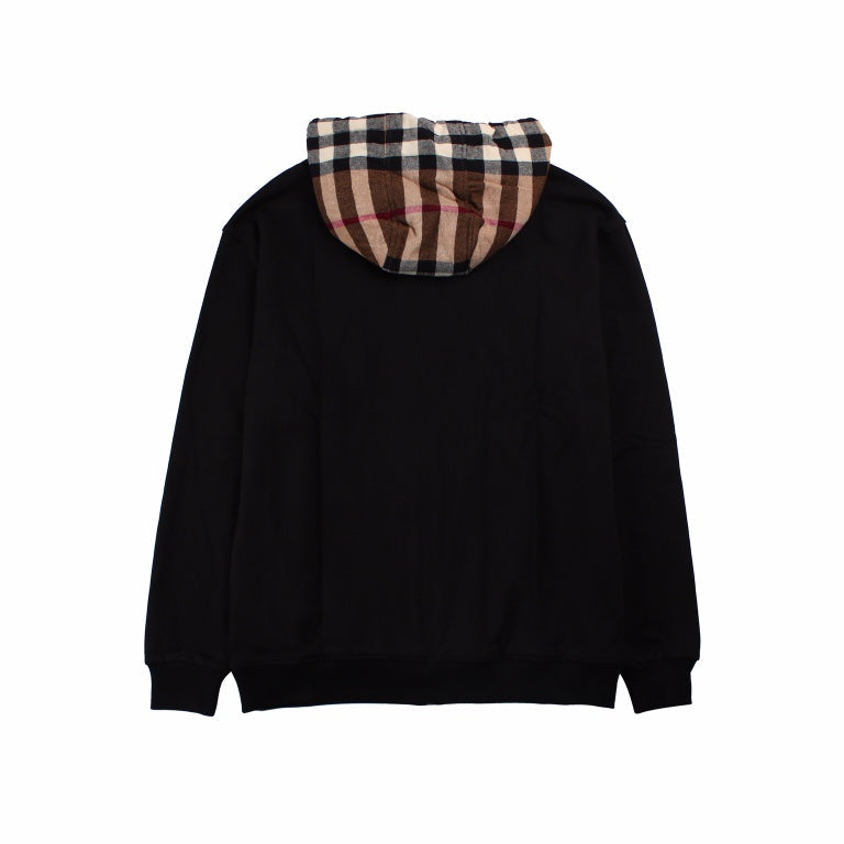 BURBERRY CHECK HOOD COTTON HOODIE BLACK