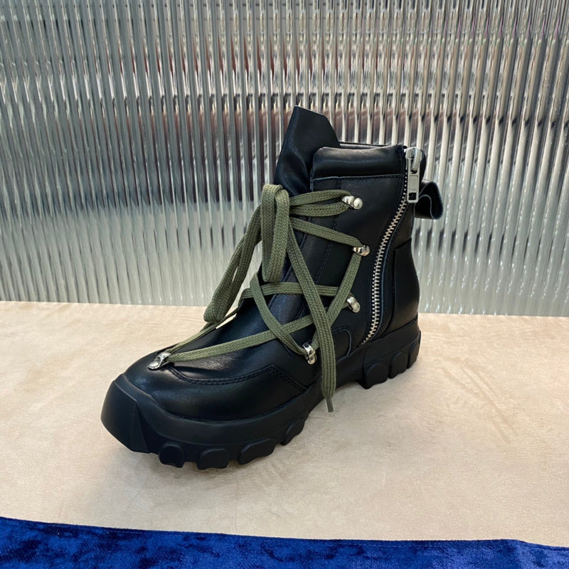 Rick Owens Combat Boots - Black Leather with Olive Laces