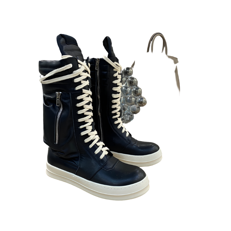 Rick Owens High-Top Leather Boots - Black and Cream