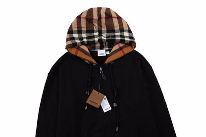 BURBERRY CHECK HOOD COTTON HOODIE BLACK