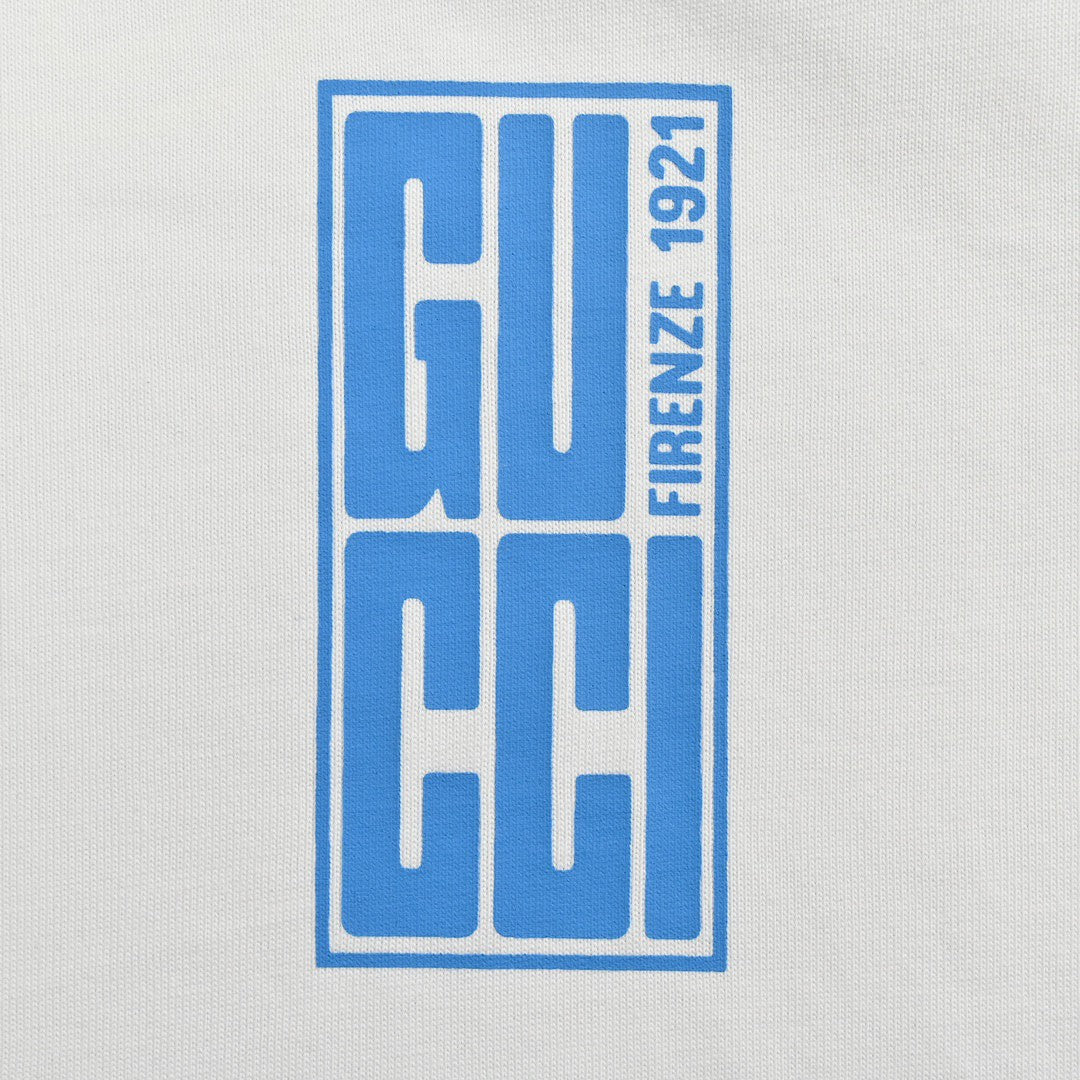 Gucci White T-Shirt with Blue Vertical Logo Patch