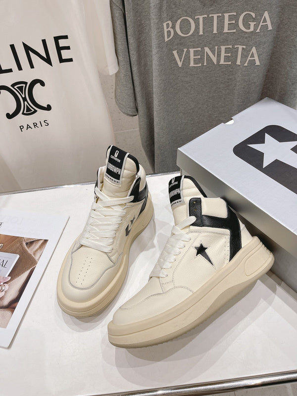 Rick Owens Cream and Black High-Top Sneakers