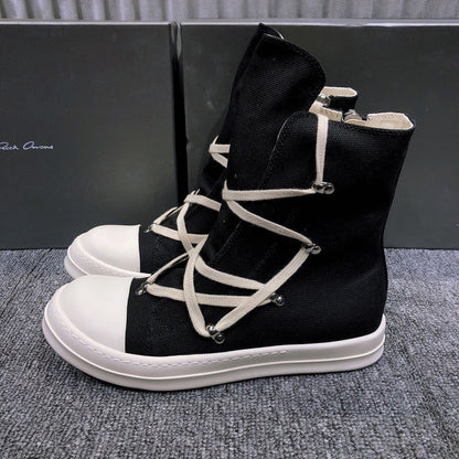 High-Top Black Canvas Sneakers with Wrap-Around Laces