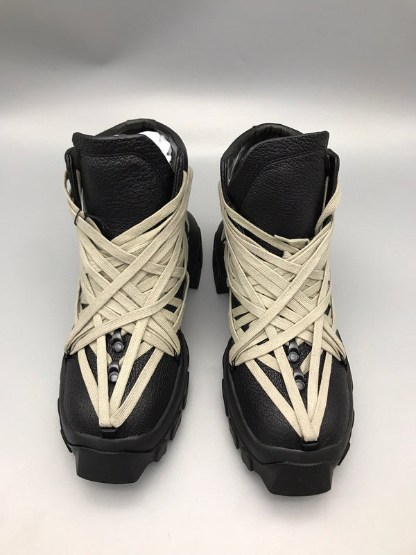 Rick Owens Black High-Top Sneakers with Beige Straps