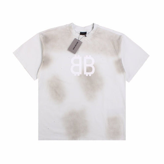 BALENCIAGA DISTRESSED LOGO T-SHIRT WHITE GREY