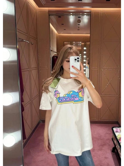 Gucci White T-Shirt with Pink Dinosaur Graphic